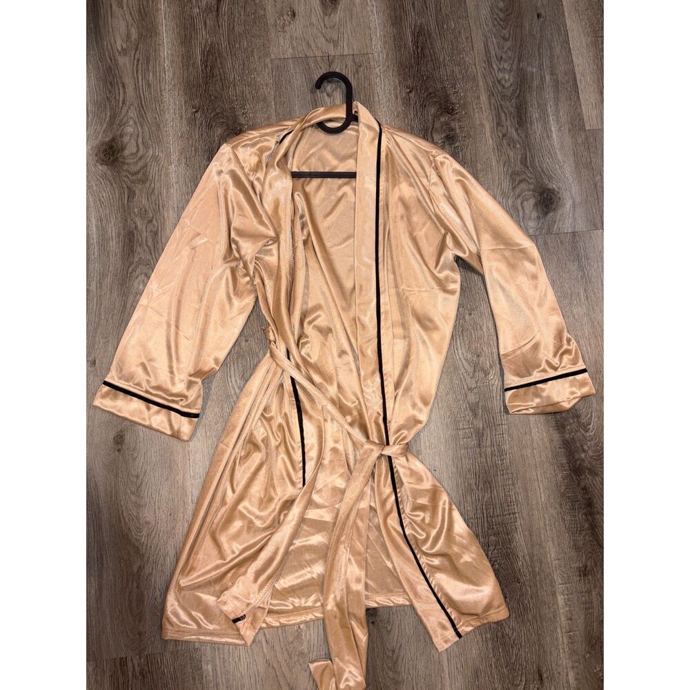 Beige Satin Robe with Black Piping New Free Size